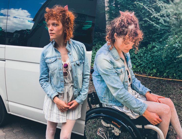 Collage, Links: Frederike an ein Auto gelehnt, Rechts: im Rollstuhl sitzen
