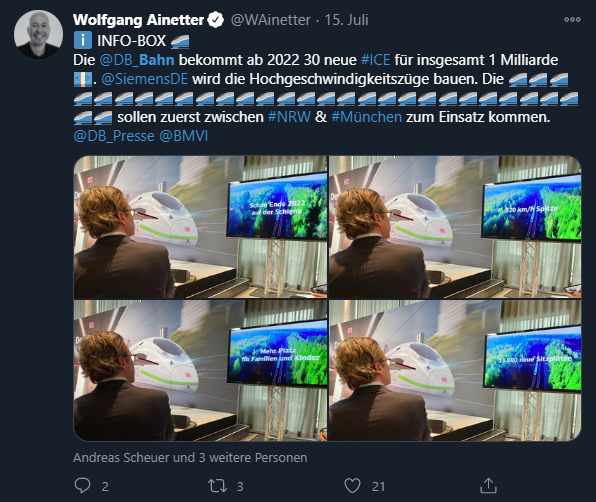 Screenshot eines Tweets von Wolfgang Ainetter vom 15. Juli. Im Text sind unter anderem 30 Zug-Emojis zu sehen. Die relevanten Punkte werden im Blog-Text aufgegriffen. Unten angehängt vier Bilder von Andreas Scheuer, der auf einen Monitor schaut.